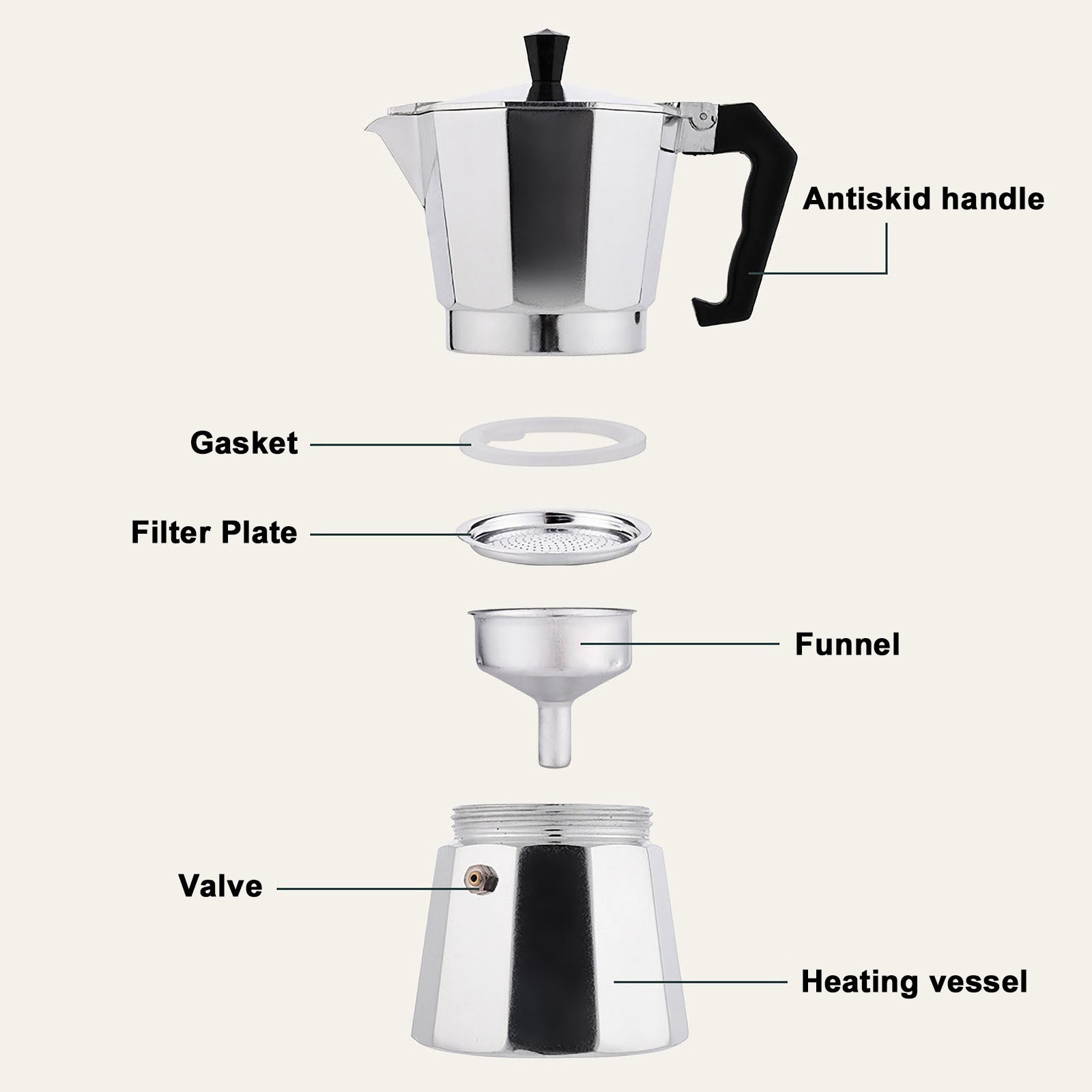 RAINBEAN Stovetop Espresso Maker 180ml For 3 Cups Espresso, Italian Moka Pot Coffee Maker, For Coffee Latte Mocha Cappuccino Macchiato Cuban Cafe Makers, Silver A&S Collection