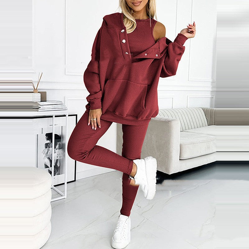 3pcs Women's Sports Suit Loose Hooded Pockets Sweatshirt And Vest And Slim Trousers A&S Collection