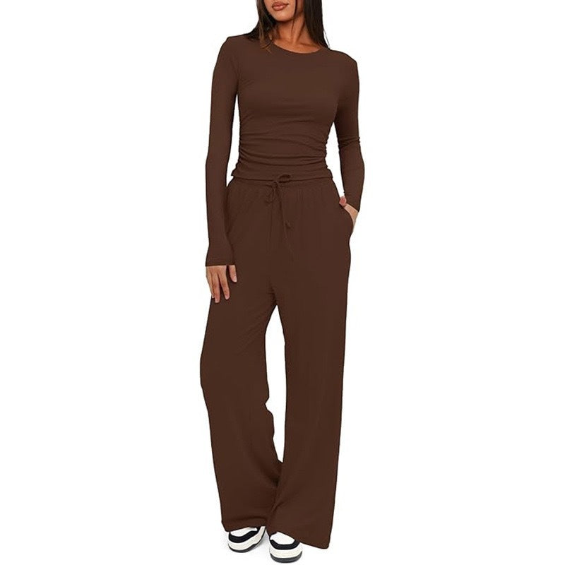 2 Pieces Women's Suit Autumn Winte Long Sleeve Tops High Waisted Wide Leg Pants Sportswear Female Clothes Solid Color Casual Suit.