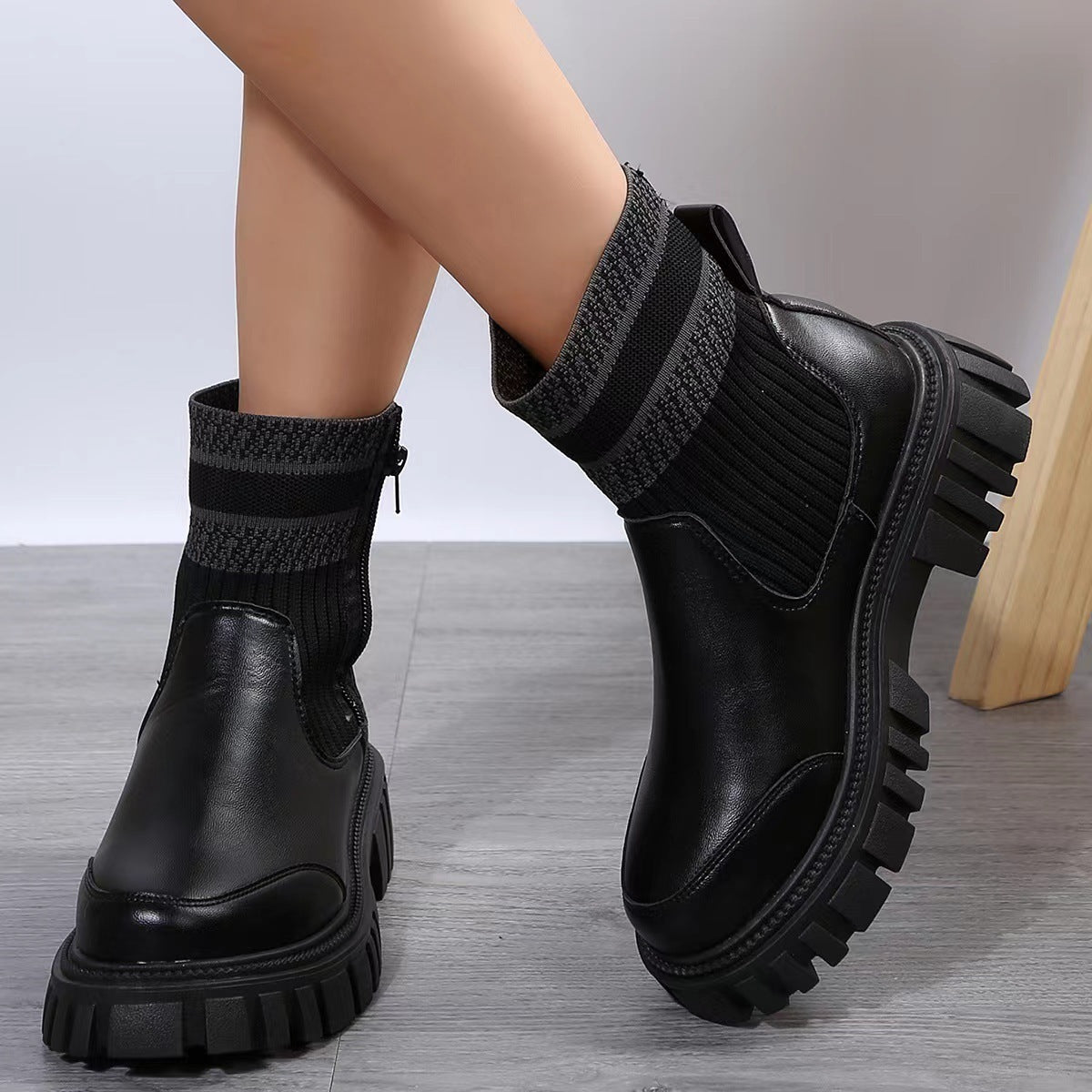 Fashion Mid-tube Boots With Zipper Design Non-slip Thick Sole Elastic Knitted Patchwork Boots For Women Round Toe Shoes Winter A&S Collection
