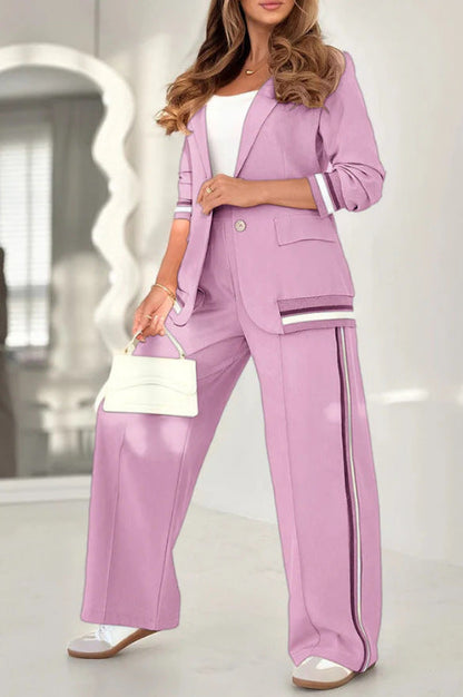 2 Pcs Set Women Suit Coat Pants Suit Lapel Long Sleeves Lady Jacket Wide Leg High Waist Trousers Female Commuting Office Outfit A&S Collection