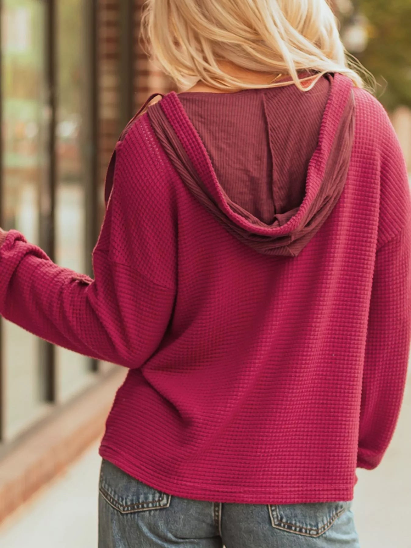 Waffle Knit Henley Sweatshirt with Button Detail.