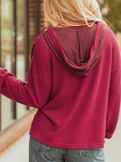 Waffle Knit Henley Sweatshirt with Button Detail.