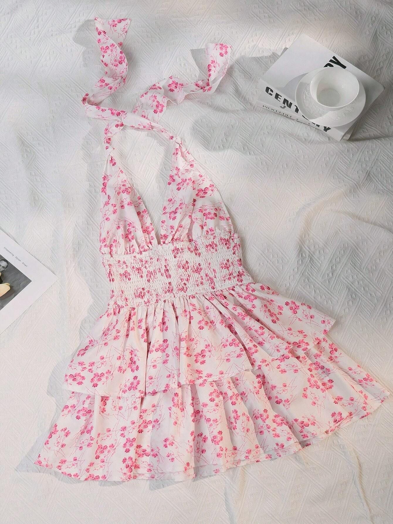 Women's Holiday Floral Flounce Halterneck With Suspenders Backless Dress CJ