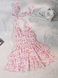Women's Holiday Floral Flounce Halterneck With Suspenders Backless Dress CJ