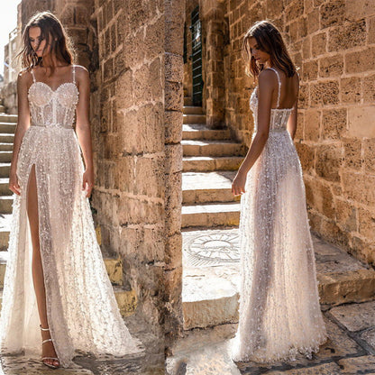 Europe and the United States foreign trade new women's halter sexy split wedding bridesmaid dress long cotton dress with chest A&S Collection