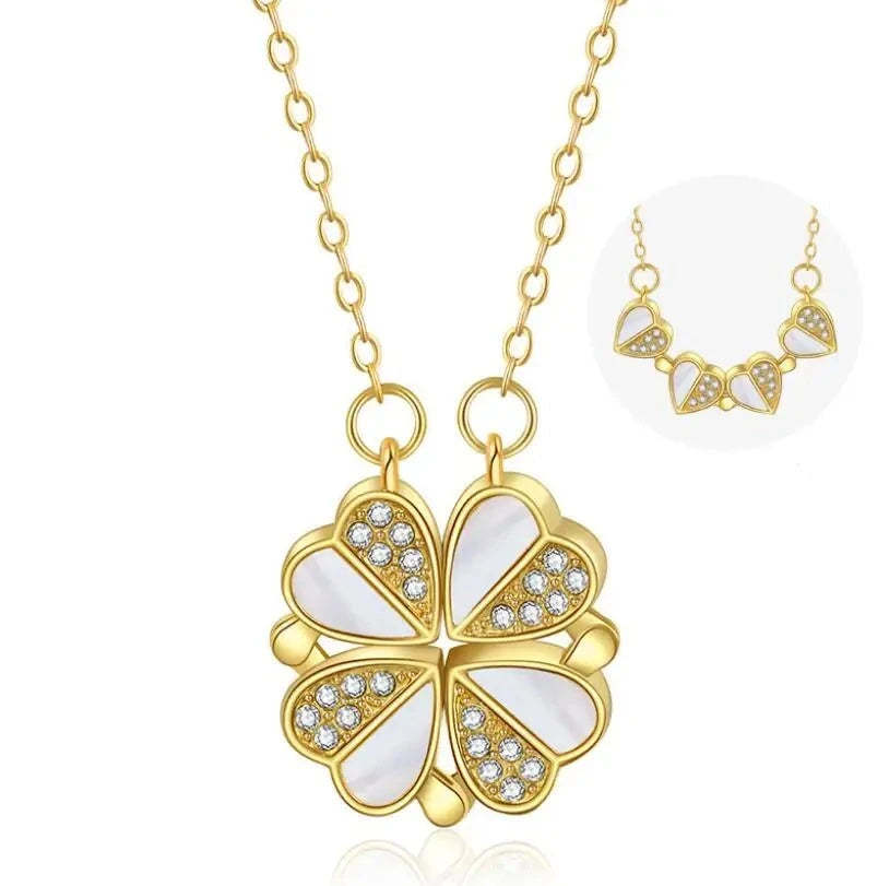 Elegant Four-Leaf Clover Pendant Necklace: Stainless Steel Design with Crystal Heart – A Perfect Luxury Gift for Women Seeking Timeless Style CJ