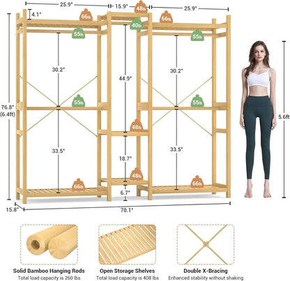 Bamboo Closet System Clothes Rack, Large Freestanding Garment Rack Clothing Rack for Hanging Clothes with 7 Storage Shelves and A&S Collection