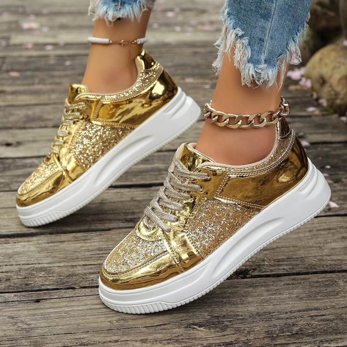 Stylish Lace-Up Sequin Flats: Casual Sports Shoes for Women with Thick Bottom and Non-Slip Design – Perfect for Effortless Walks A&S Collection
