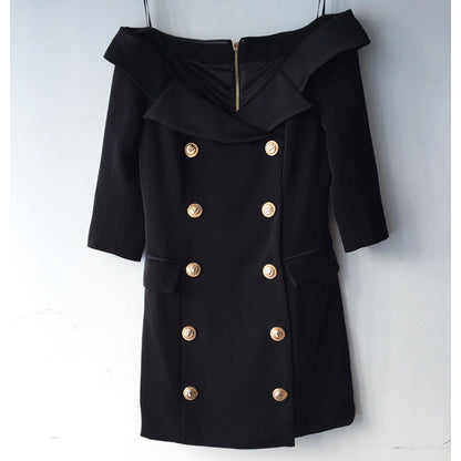 Autumn/winter celebrity fashion: Lion button double-breasted open-shoulder dress with a collar. A&S Collection