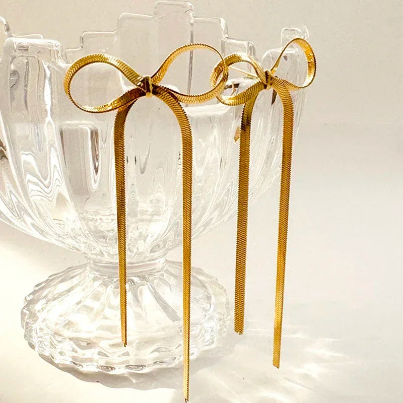 Stainless Steel Jewelry Wholesale: Non-tarnish Herringbone Bow Earrings, Hypoallergenic 18k Gold Plated Ribbon Bowknot Earrings CJ