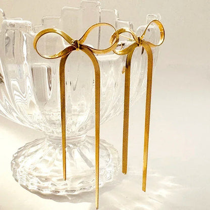 Stainless Steel Jewelry Wholesale: Non-tarnish Herringbone Bow Earrings, Hypoallergenic 18k Gold Plated Ribbon Bowknot Earrings CJ