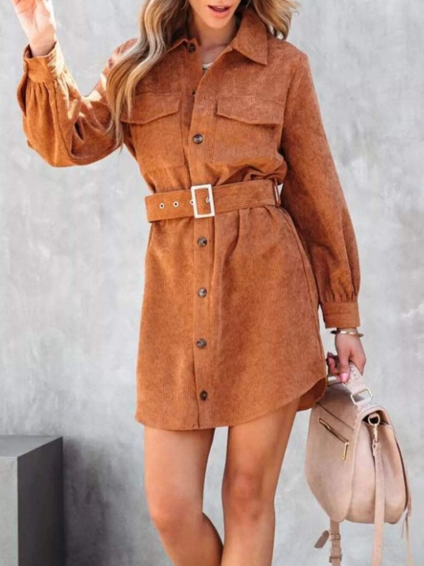 Button Front Belt Long Sleeve Corduroy Dress.