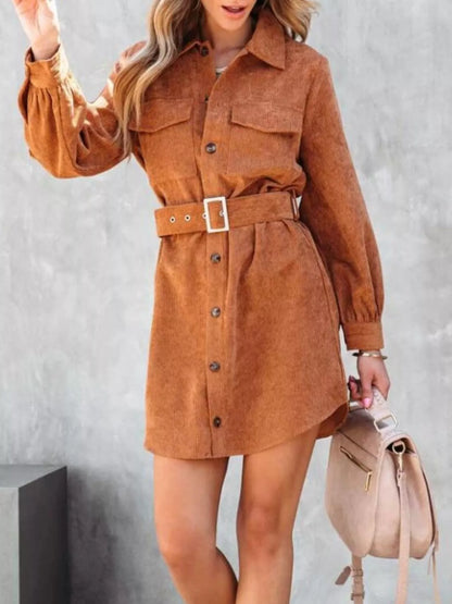 Button Front Belt Long Sleeve Corduroy Dress.