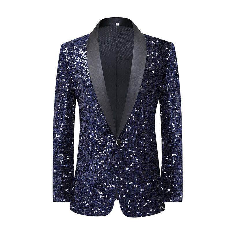 Stunning navy blue sequined tuxedo jacket with a black satin lapel, perfect for formal events. A&S Collection