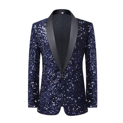 Stunning navy blue sequined tuxedo jacket with a black satin lapel, perfect for formal events. A&S Collection