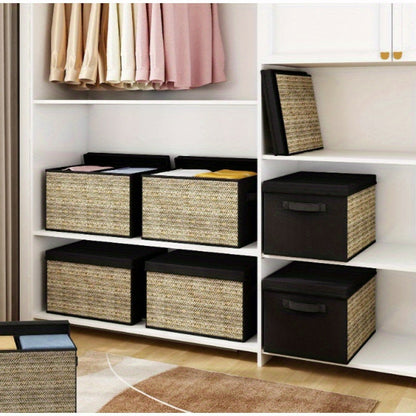 4pcs Green Rattan Rectangular Storage Bins with Handles: Collapsible Fabric Cube Organizers for Multipurpose Use - Lidded Containers for Toys, Clothes, and More (Non-Waterproof) - Suitable for Box, Cabinet, or Rack Storage - Ideal for Outdoor Use A&S Collection