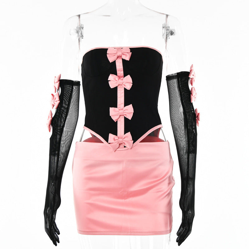 Foreign trade European and American women's two-piece binding backless skirt irregular dress bow suit sexy hollowed out short skirt A&S Collection