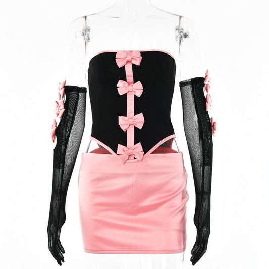 Foreign trade European and American women's two-piece binding backless skirt irregular dress bow suit sexy hollowed out short skirt A&S Collection