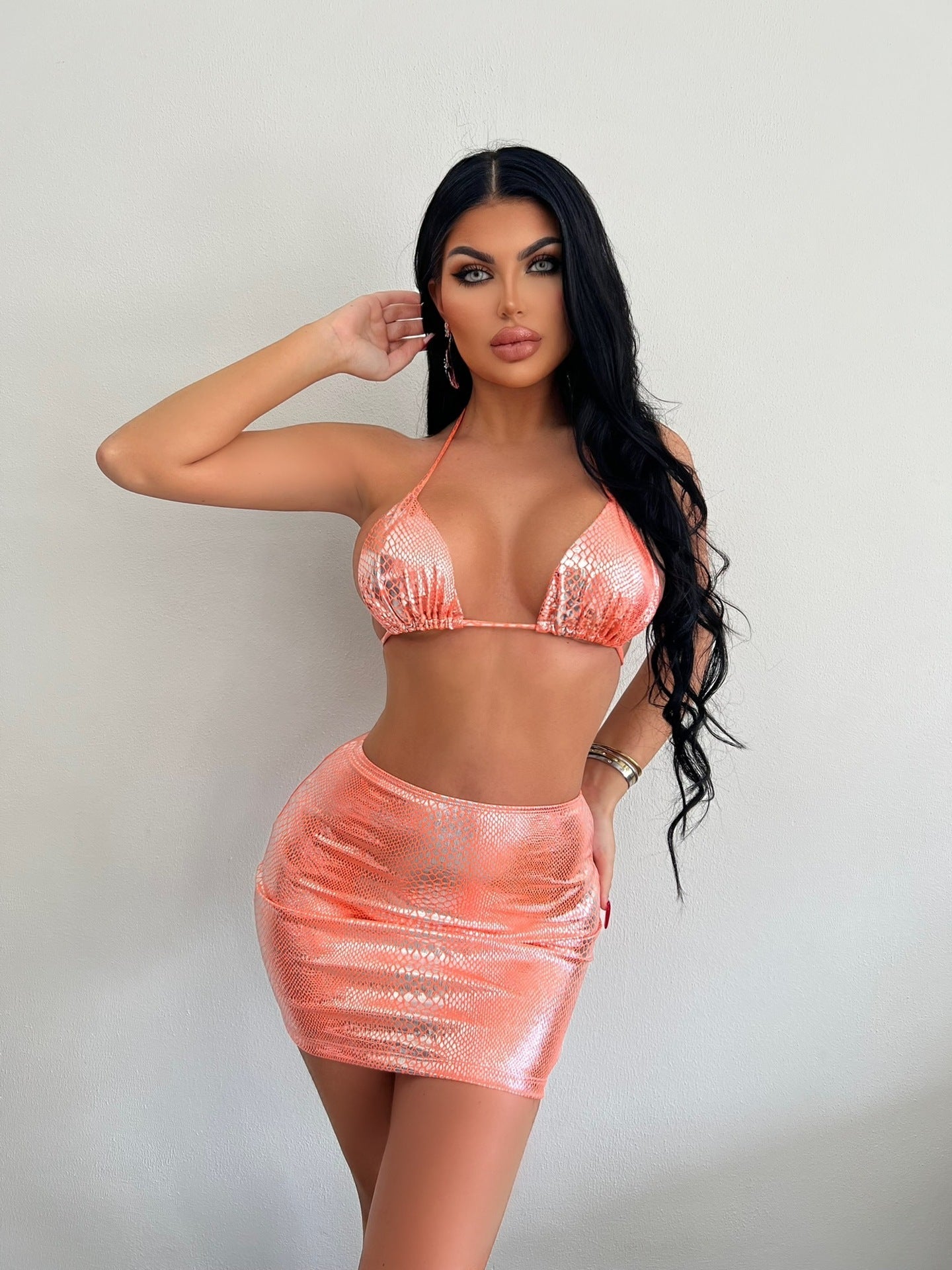 Women's 3 Piece Bathing Suits Halter Snake Pattern Bikini Set With Cover Up Skirt Summer Swimsuit A&S Collection