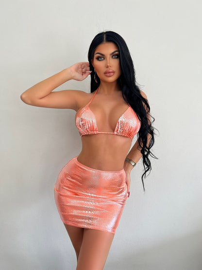 Women's 3 Piece Bathing Suits Halter Snake Pattern Bikini Set With Cover Up Skirt Summer Swimsuit A&S Collection