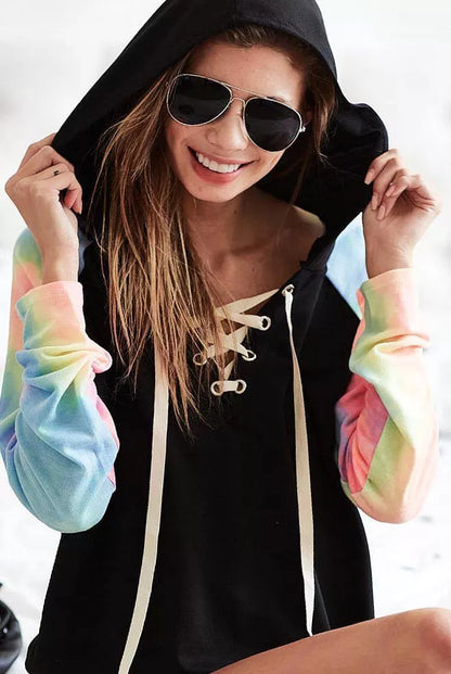 BiBi French Terry Lace Up Hoodie With Tie Dye Sleeves.