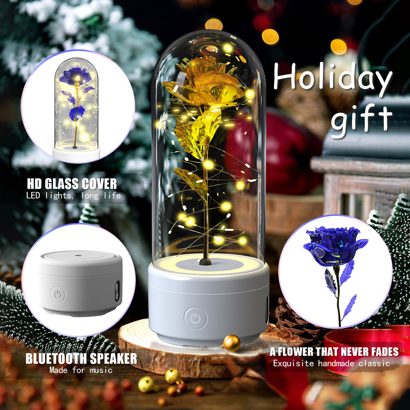 Creative 2 In 1 Rose Flowers LED Light And Bluetooth-compatible Speaker Valentine's Day Gift Rose Luminous Night Light Ornament In Glass Cover A&S Collection