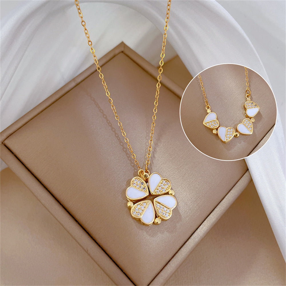 Elegant Four-Leaf Clover Pendant Necklace: Stainless Steel Design with Crystal Heart – A Perfect Luxury Gift for Women Seeking Timeless Style CJ