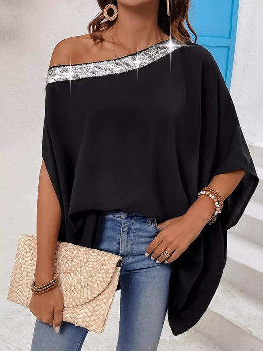 Sequined One Shoulder Batwing Sleeve Blouse.