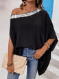 Sequined One Shoulder Batwing Sleeve Blouse.