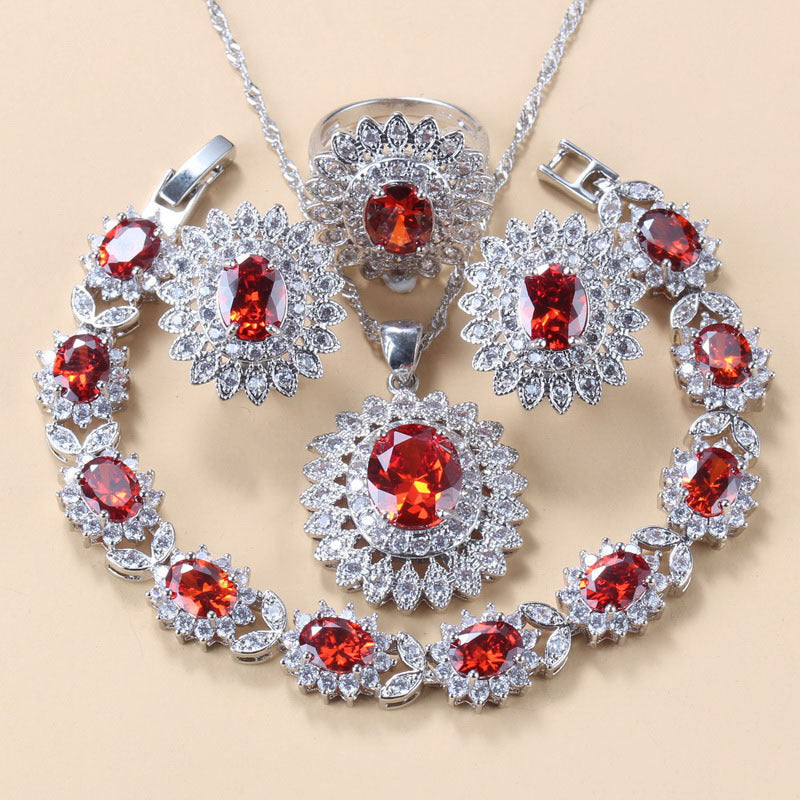 Garnet Cubic Zirconia Earrings Pendant Necklace Bracelet Ring Gift 4 PCs Set A&S Collection