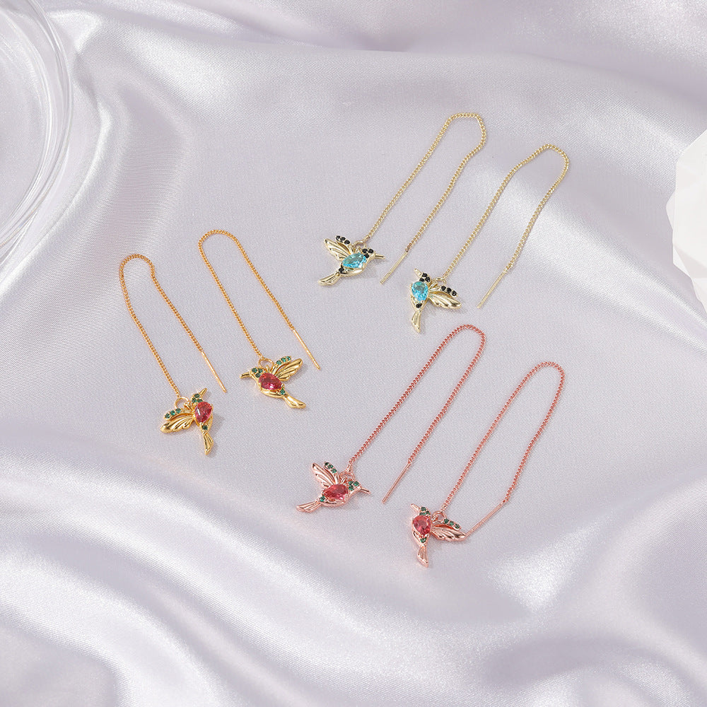 Elegant Hummingbird Earrings: Unique Long Drop Design with Tassels and Crystal Pendants – Perfect for Women and Girls Seeking Fashionable Jewelry CJ