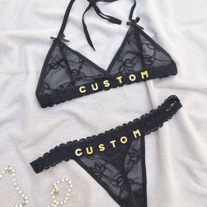 Custom Lingerie Set For Women Thong Panties Bra Set With Name Rhinestone Customized Thongs Personalized G-String Jewelry Gift CJ