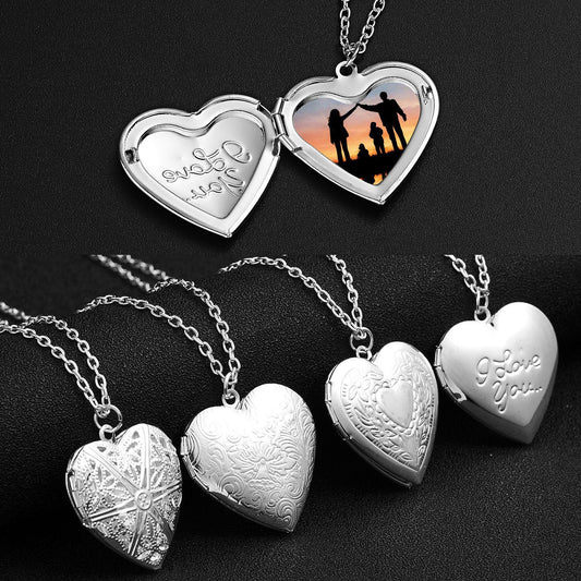 Carved Design Love Necklace Personalized Heart-shaped Photo Frame Pendant Necklace For Women Family Jewelry For Valentine's Day A&S Collection