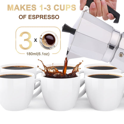 RAINBEAN Stovetop Espresso Maker 180ml For 3 Cups Espresso, Italian Moka Pot Coffee Maker, For Coffee Latte Mocha Cappuccino Macchiato Cuban Cafe Makers, Silver A&S Collection