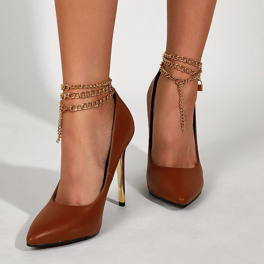 Sophisticated Metal Chain Pointed Stiletto Heels for Women CJ
