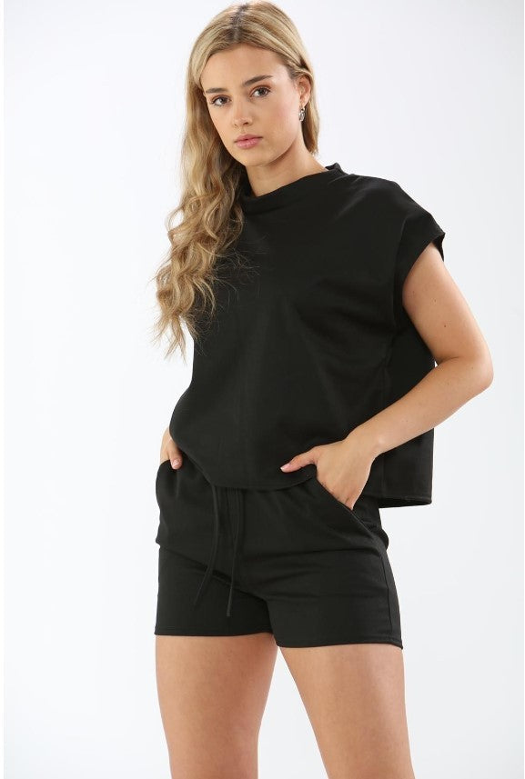 Women's Solid Color Short Sleeve Leisure Suit - Stylish Lace-Up Drawstring Design for Everyday Comfort CJ