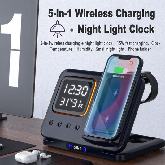 15W Wireless Chargers Stand 5 In1 LED Digital Alarm Clock Fast Charging Dock Station A&S Collection