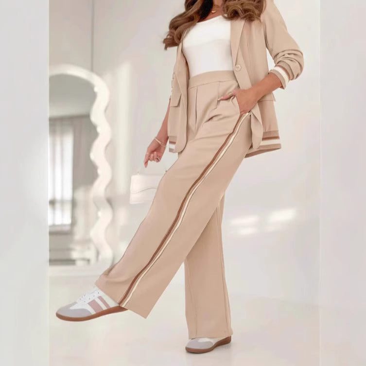 2 Pcs Set Women Suit Coat Pants Suit Lapel Long Sleeves Lady Jacket Wide Leg High Waist Trousers Female Commuting Office Outfit A&S Collection