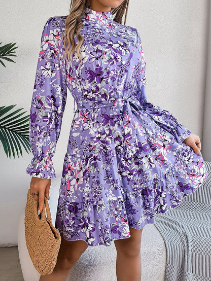 Standing Collar Floral Print Waist-controlled Long Sleeves Ruffled A-line Dresses For Women Spring Autumn Ruffle Edge Long Dress.