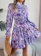 Standing Collar Floral Print Waist-controlled Long Sleeves Ruffled A-line Dresses For Women Spring Autumn Ruffle Edge Long Dress.