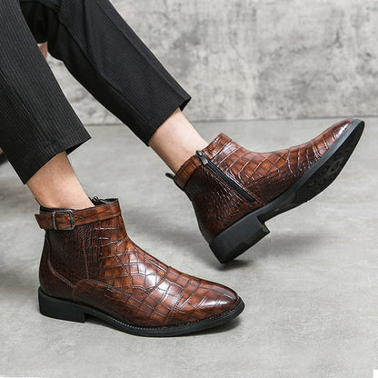 Men's Crocodile Pattern Boots Fashion Pointed Toe Low Square Heel Buckle Zipper Ankle Boots Business Formal Leather Shoes A&S Collection
