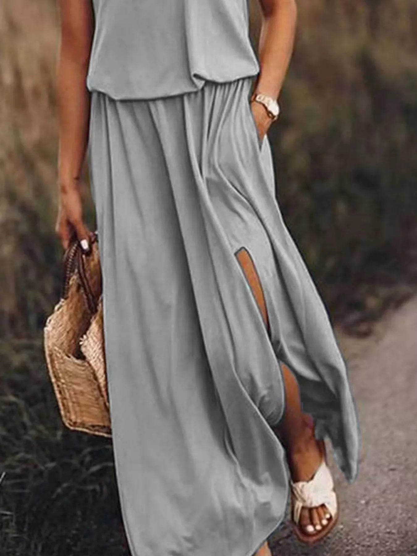 Full Size Round Neck Sleeveless Slit Maxi Dress Plus Size.