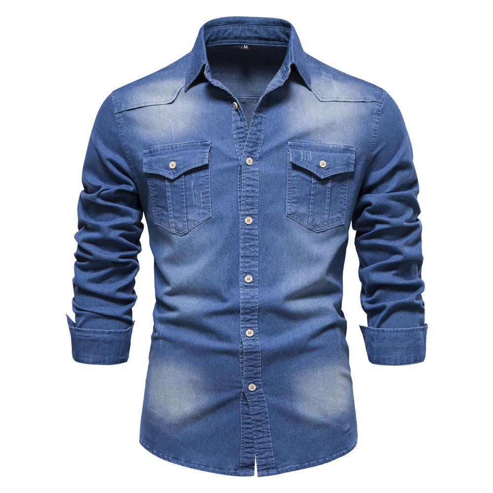 Men's Long-sleeved Denim Shirt Casual Solid Button Slim Tops Clothing A&S Collection