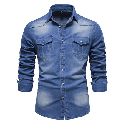 Men's Long-sleeved Denim Shirt Casual Solid Button Slim Tops Clothing A&S Collection