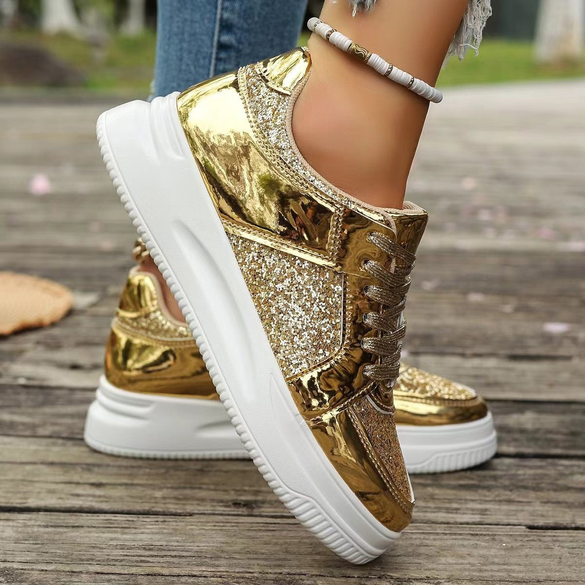Stylish Lace-Up Sequin Flats: Casual Sports Shoes for Women with Thick Bottom and Non-Slip Design – Perfect for Effortless Walks A&S Collection