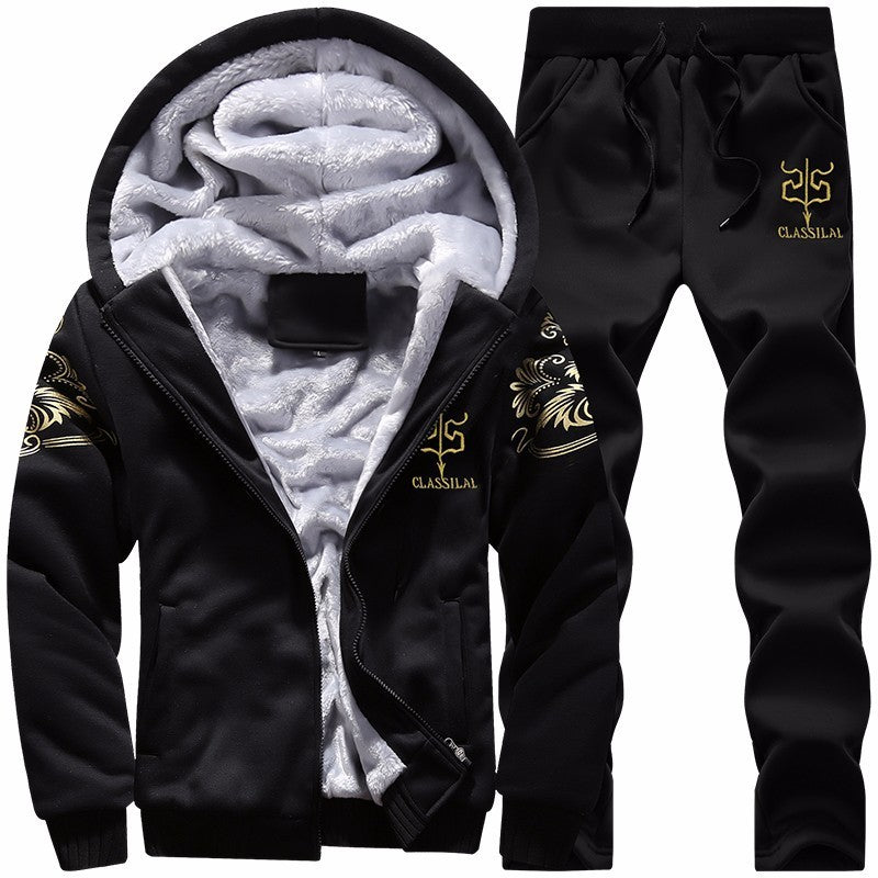Cross border winter casual sports suit men's hooded and plush thick long sleeve pants two-piece large-size loose trend A&S Collection