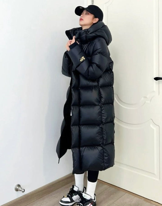 Black Gold White Goose Down Mid-length Elegant Hooded Windproof Overknee Thickened Warm Down Jacket A&S Collection