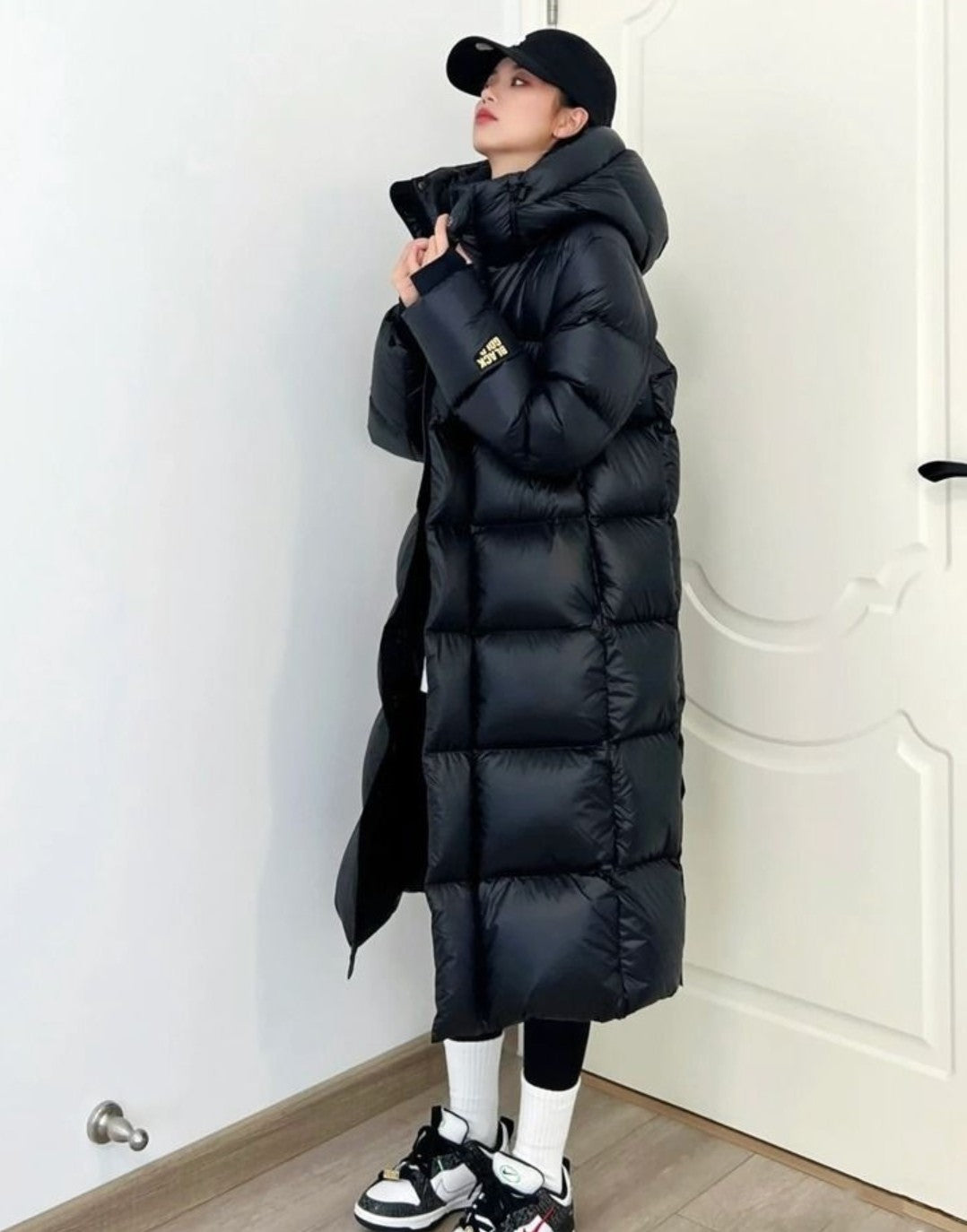 Black Gold White Goose Down Mid-length Elegant Hooded Windproof Overknee Thickened Warm Down Jacket A&S Collection