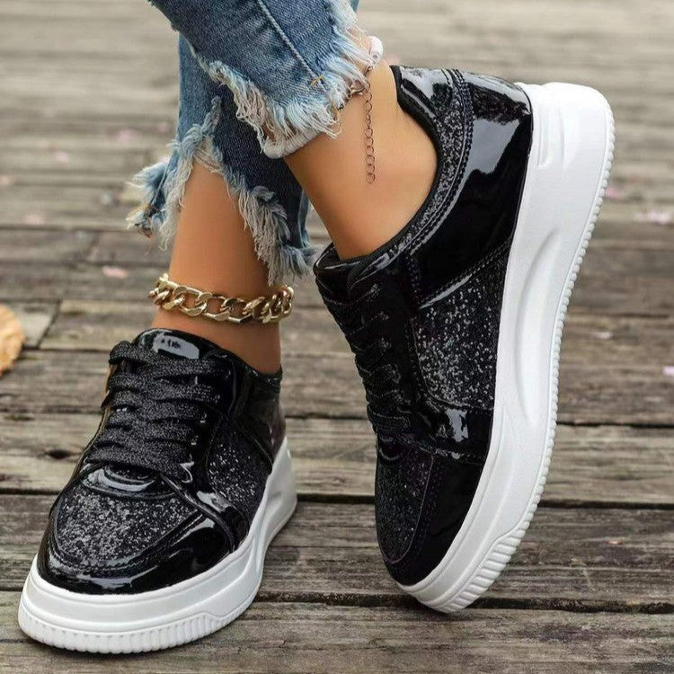 Stylish Lace-Up Sequin Flats: Casual Sports Shoes for Women with Thick Bottom and Non-Slip Design – Perfect for Effortless Walks A&S Collection